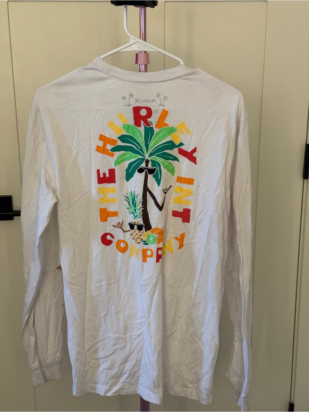 White Hurley long sleeve shirt with pineapple and palm tree design